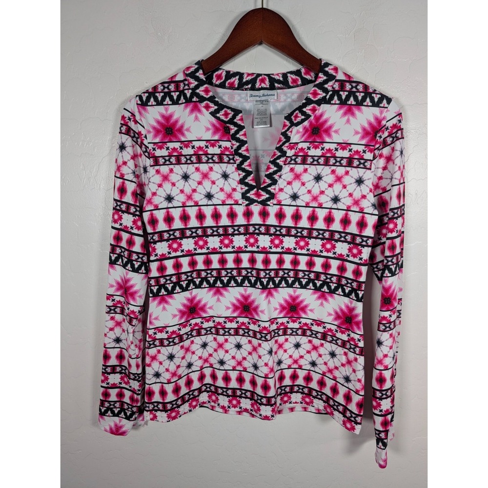 Tommy Bahama Top Women's Medium Red Floral Tropical Long Sleeve Shirt Stretch